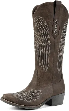 Chic Women's Embroidered Western Cowboy Boots – Angel Wings Design, Slip-On Mid-Calf Boots with Chunky Heel, Vintage Cowgirl Boots for Rodeo, Casual & Party Wear