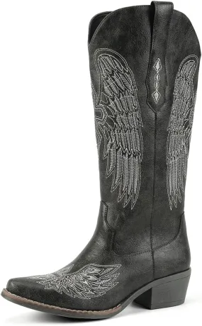 Chic Women's Embroidered Western Cowboy Boots – Angel Wings Design, Slip-On Mid-Calf Boots with Chunky Heel, Vintage Cowgirl Boots for Rodeo, Casual & Party Wear