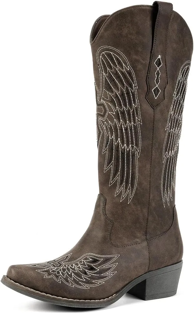 Chic Women's Embroidered Western Cowboy Boots – Angel Wings Design, Slip-On Mid-Calf Boots with Chunky Heel, Vintage Cowgirl Boots for Rodeo, Casual & Party Wear
