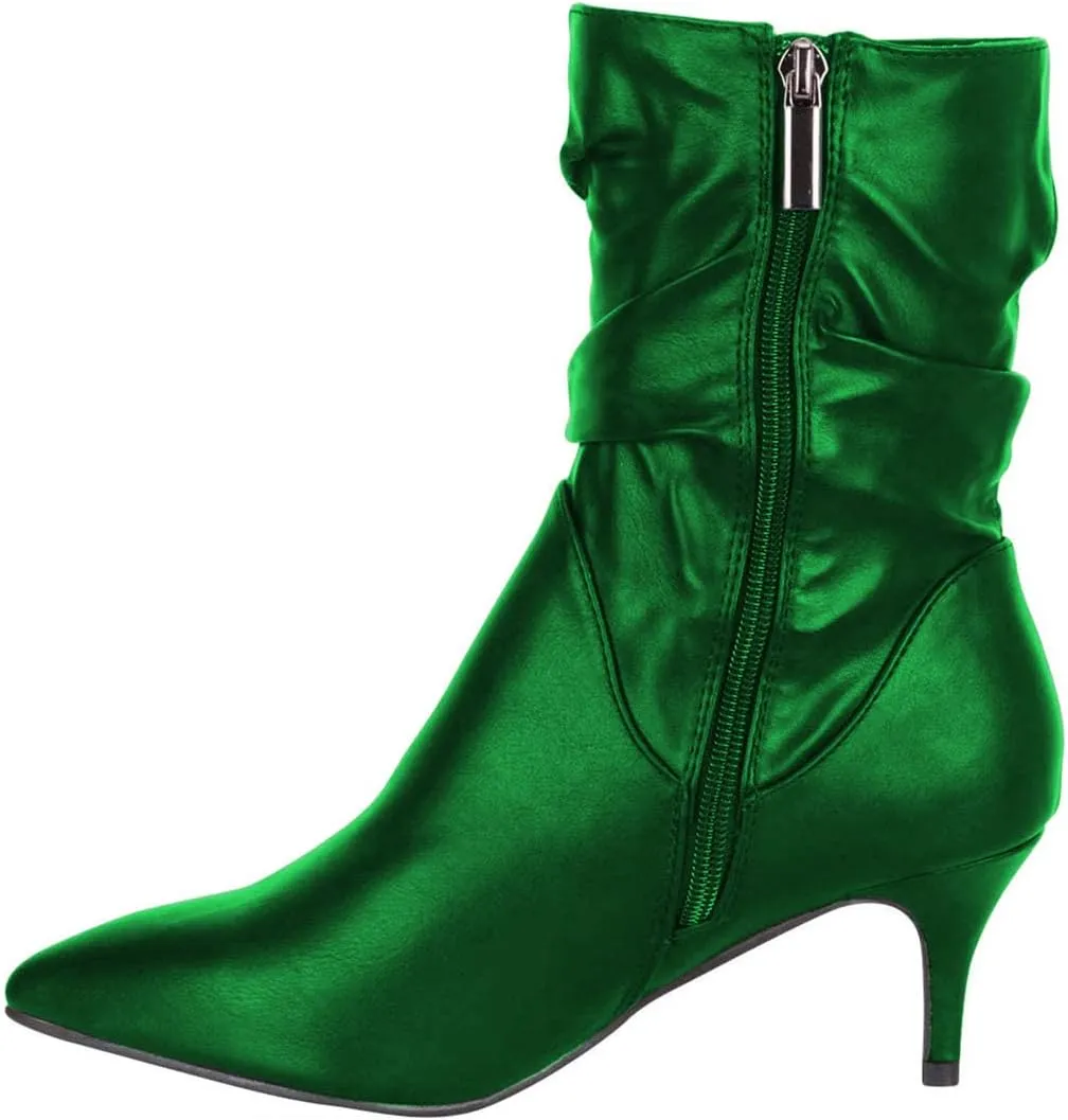 FSJ Women Elegant Slouch Ankle Boots Pointed Closed Toe Kitten Low Heels Stacked Short Booties Leather Side Zipper Ladies Office Party Prom Fall Winter Dress Shoes Size 4-15 US