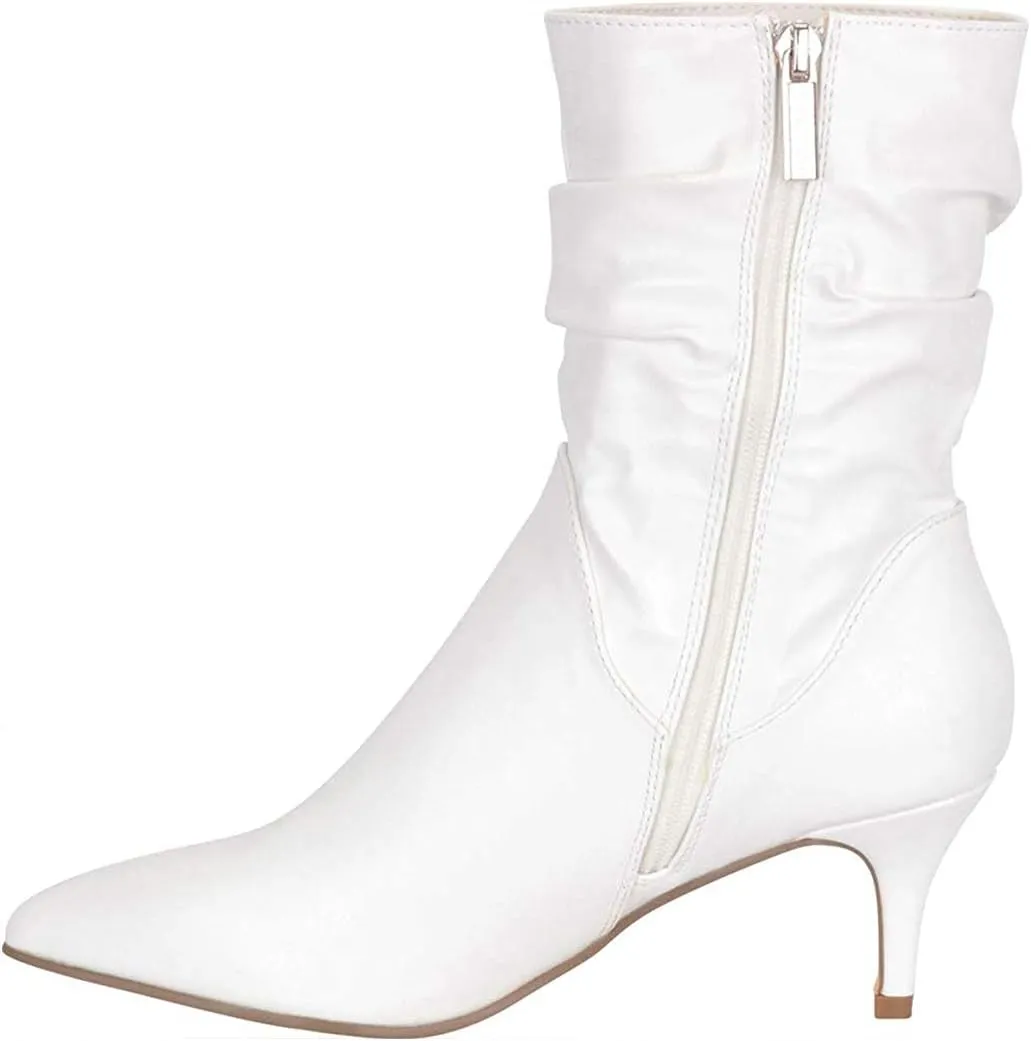 FSJ Women Elegant Slouch Ankle Boots Pointed Closed Toe Kitten Low Heels Stacked Short Booties Leather Side Zipper Ladies Office Party Prom Fall Winter Dress Shoes Size 4-15 US