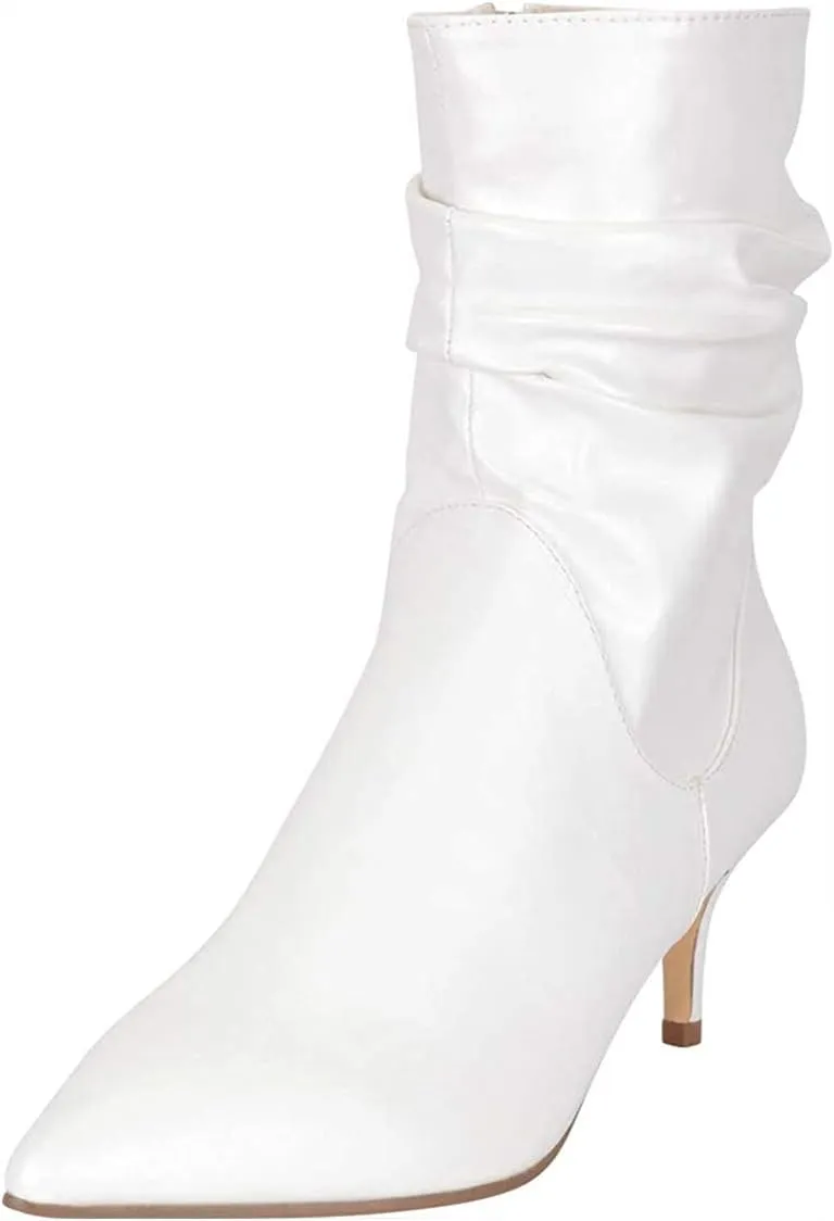 FSJ Women Elegant Slouch Ankle Boots Pointed Closed Toe Kitten Low Heels Stacked Short Booties Leather Side Zipper Ladies Office Party Prom Fall Winter Dress Shoes Size 4-15 US