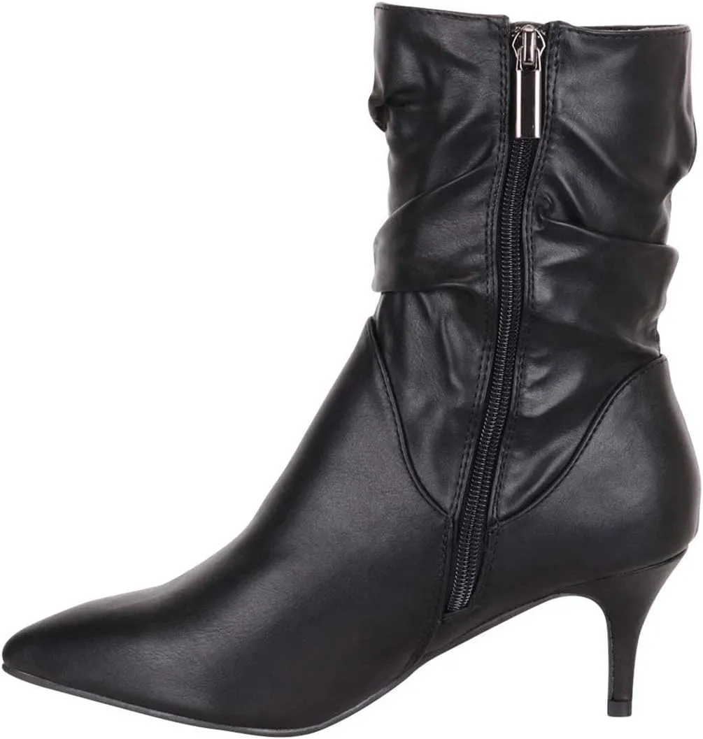 FSJ Women Elegant Slouch Ankle Boots Pointed Closed Toe Kitten Low Heels Stacked Short Booties Leather Side Zipper Ladies Office Party Prom Fall Winter Dress Shoes Size 4-15 US