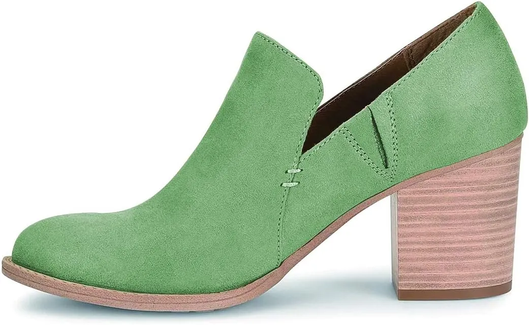 FSJ Women Retro Chunky High Heels Ankle Boots Slip On Round Closed Toe Slide Short Booties Faux Suede V Cut Pumps Loafers Ladies Fall Winter Comfortable Office Shoes Size 4-15 US