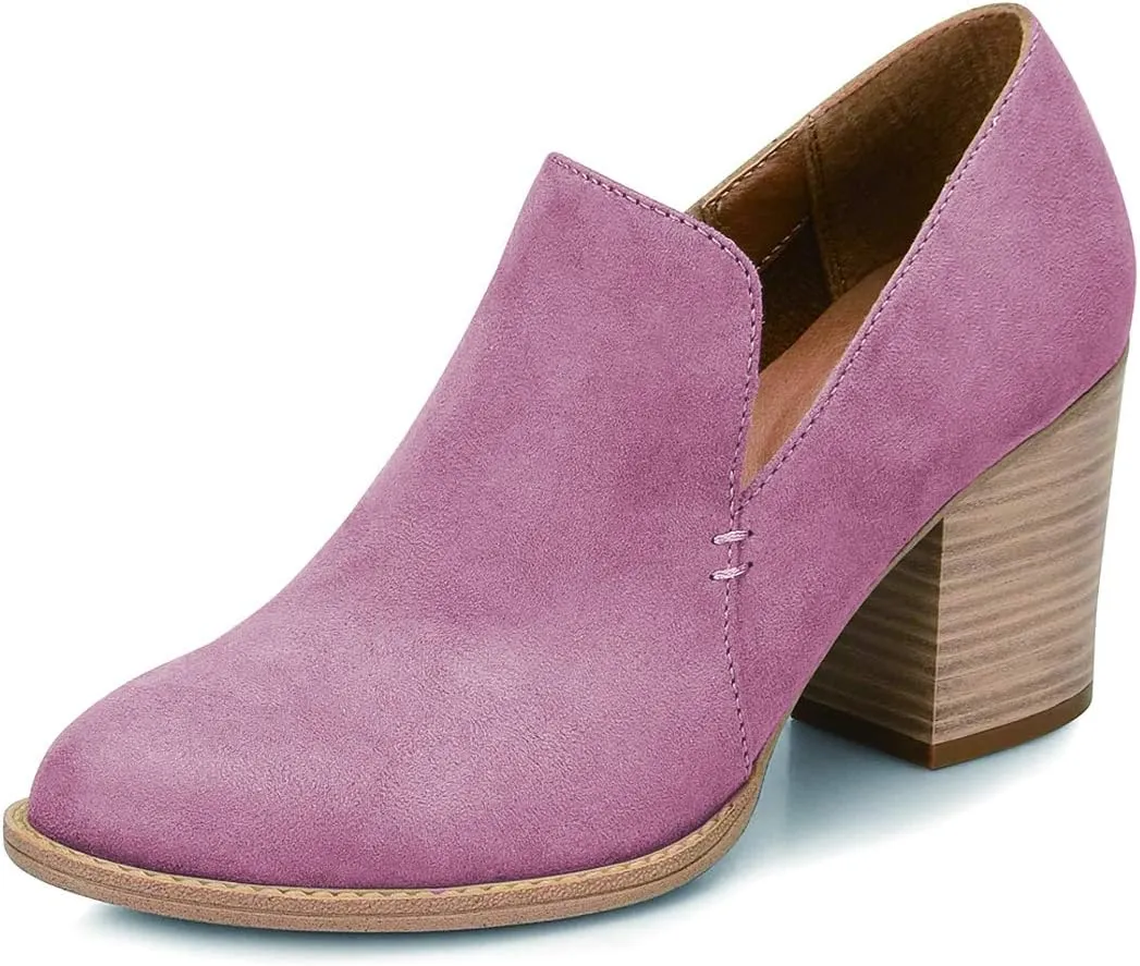 FSJ Women Retro Chunky High Heels Ankle Boots Slip On Round Closed Toe Slide Short Booties Faux Suede V Cut Pumps Loafers Ladies Fall Winter Comfortable Office Shoes Size 4-15 US