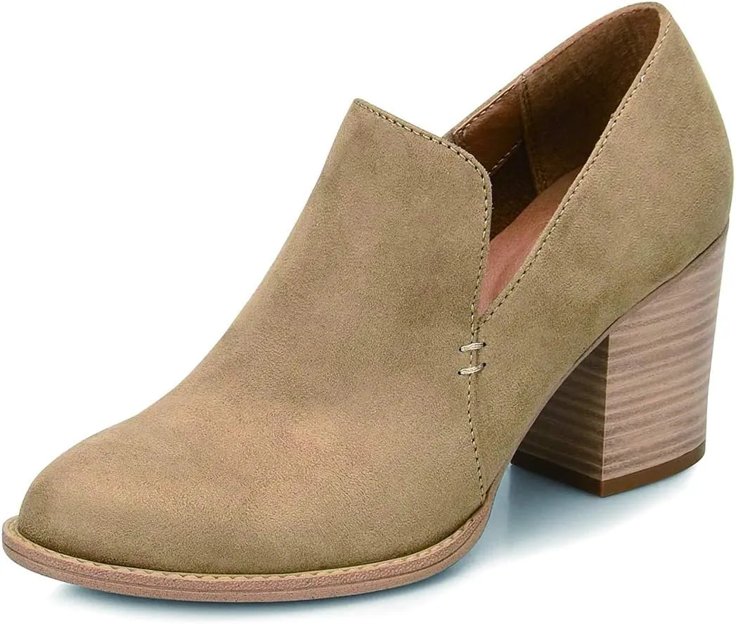 FSJ Women Retro Chunky High Heels Ankle Boots Slip On Round Closed Toe Slide Short Booties Faux Suede V Cut Pumps Loafers Ladies Fall Winter Comfortable Office Shoes Size 4-15 US