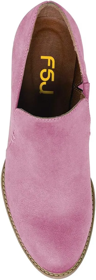 FSJ Women Retro Chunky High Heels Ankle Boots Slip On Round Closed Toe Slide Short Booties Faux Suede V Cut Pumps Loafers Ladies Fall Winter Comfortable Office Shoes Size 4-15 US