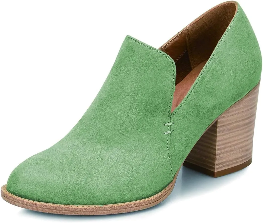 FSJ Women Retro Chunky High Heels Ankle Boots Slip On Round Closed Toe Slide Short Booties Faux Suede V Cut Pumps Loafers Ladies Fall Winter Comfortable Office Shoes Size 4-15 US