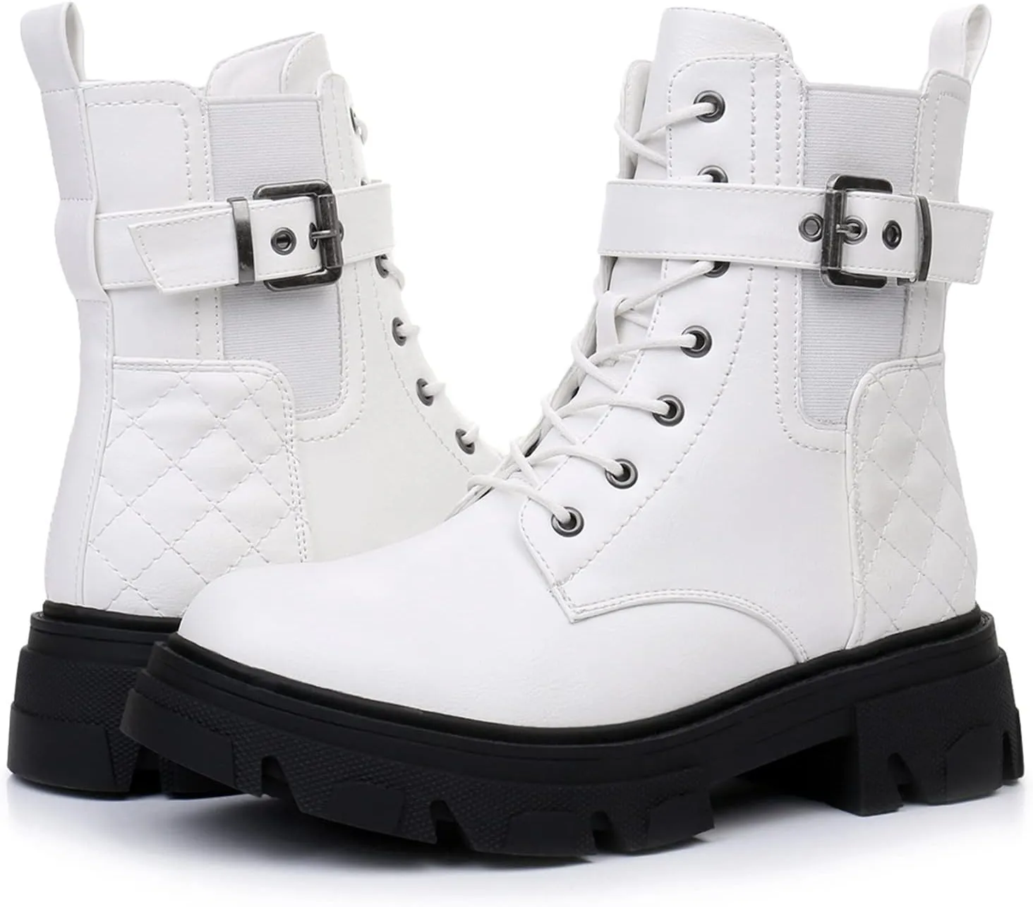 GLOBALWIN Women's Combat Boots Lace Up Ankle Booties Comfortable Lug Sole Boots For Women Chunky Low Heel