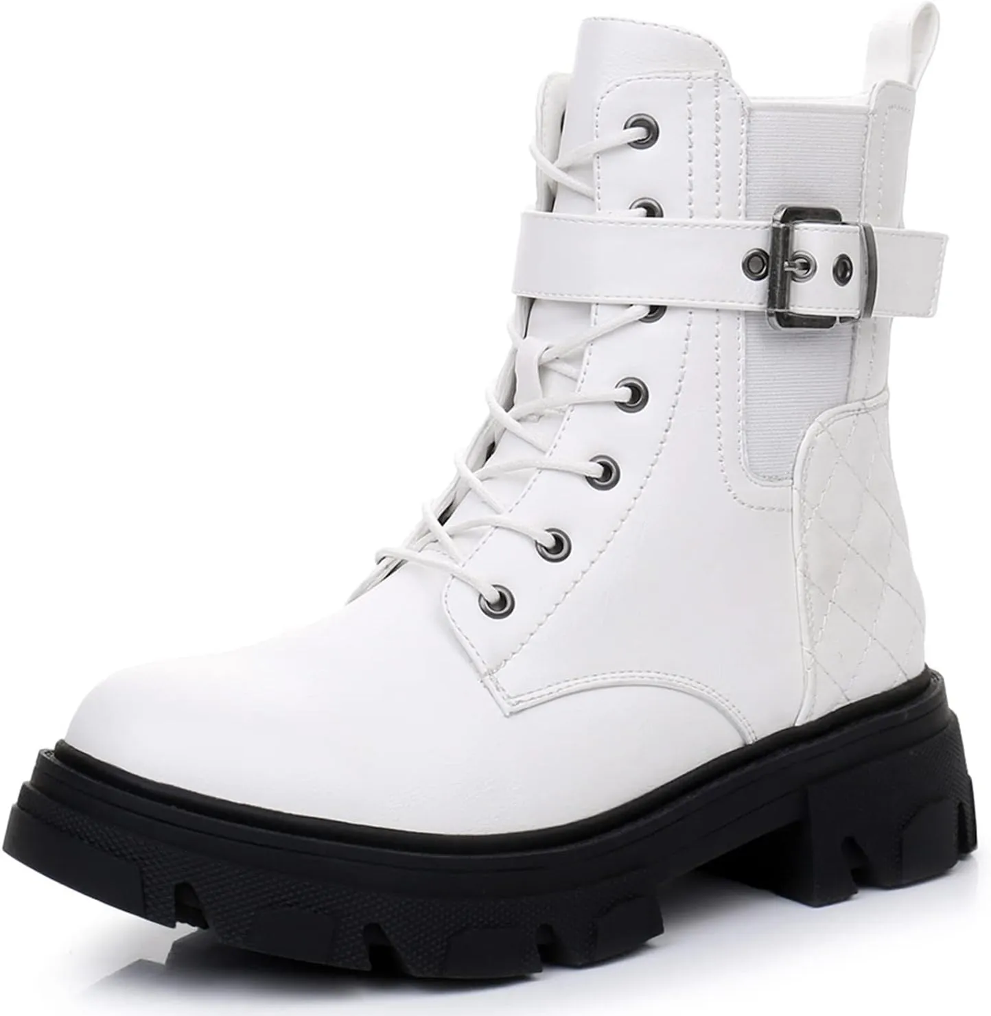 GLOBALWIN Women's Combat Boots Lace Up Ankle Booties Comfortable Lug Sole Boots For Women Chunky Low Heel
