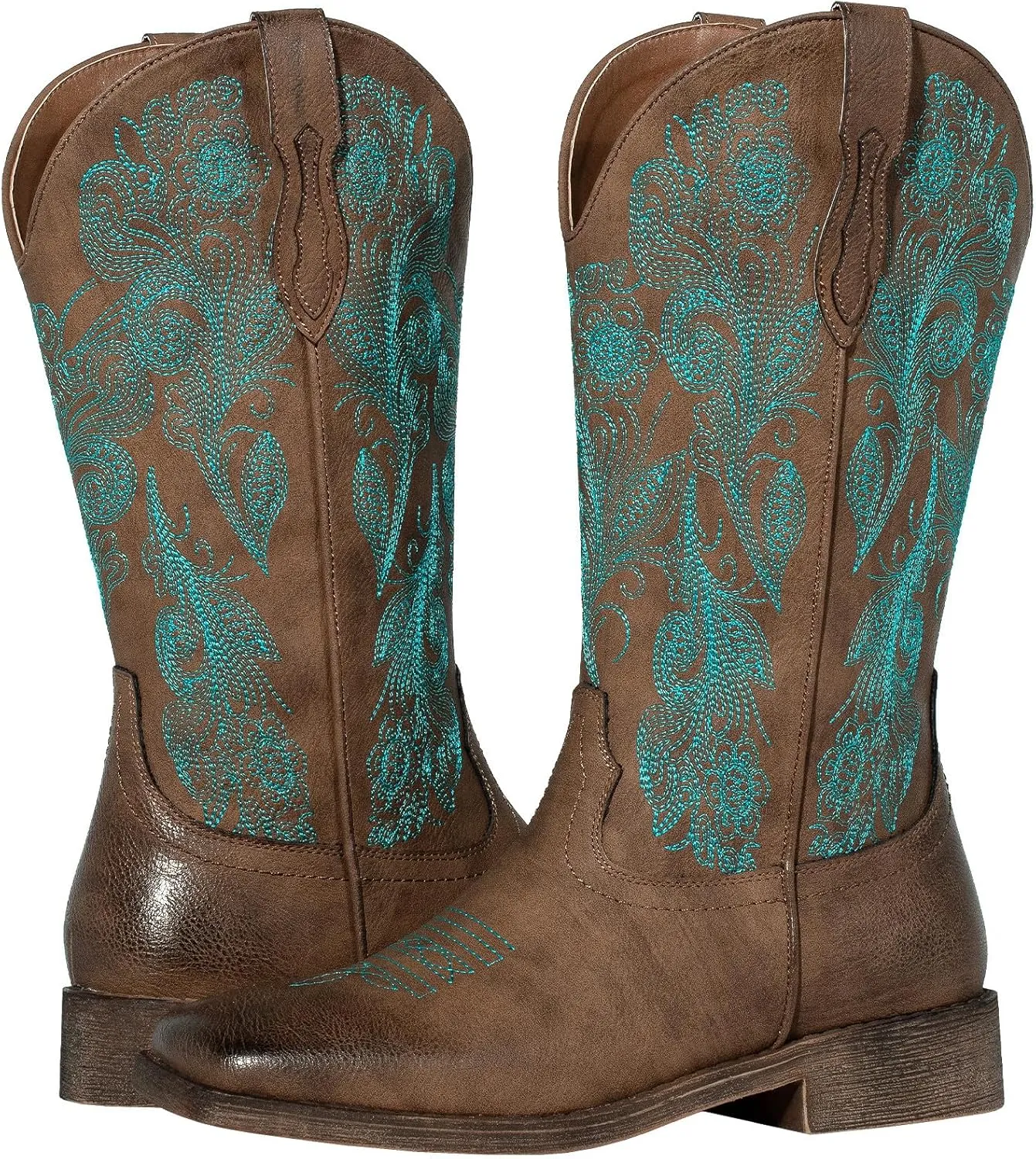 J's.o.l.e Women's Floral Embroidered Cowboy Boots Square Toe Fashion Western Cowgirl Boots