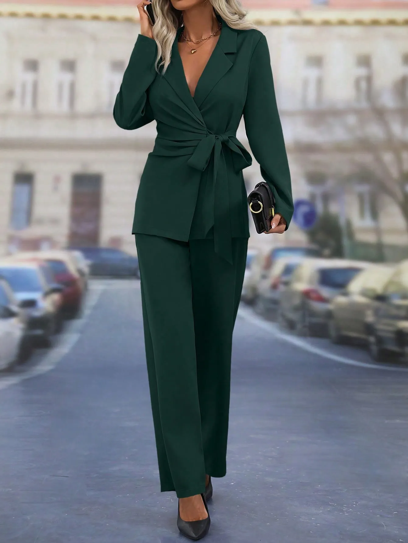 Lapel Neck Knot Side Blazer & Wide Leg Pants