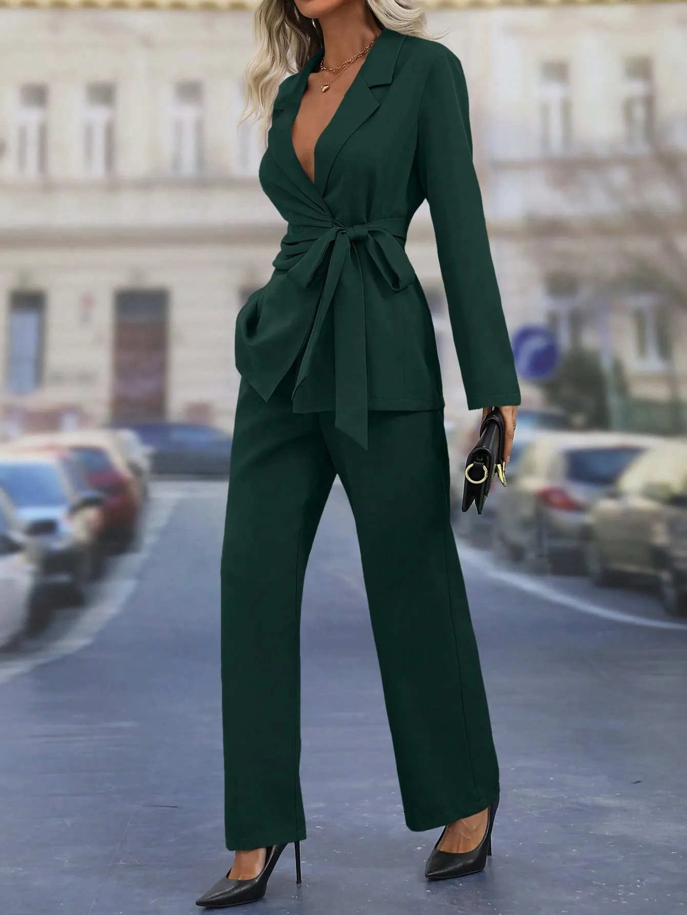 Lapel Neck Knot Side Blazer & Wide Leg Pants