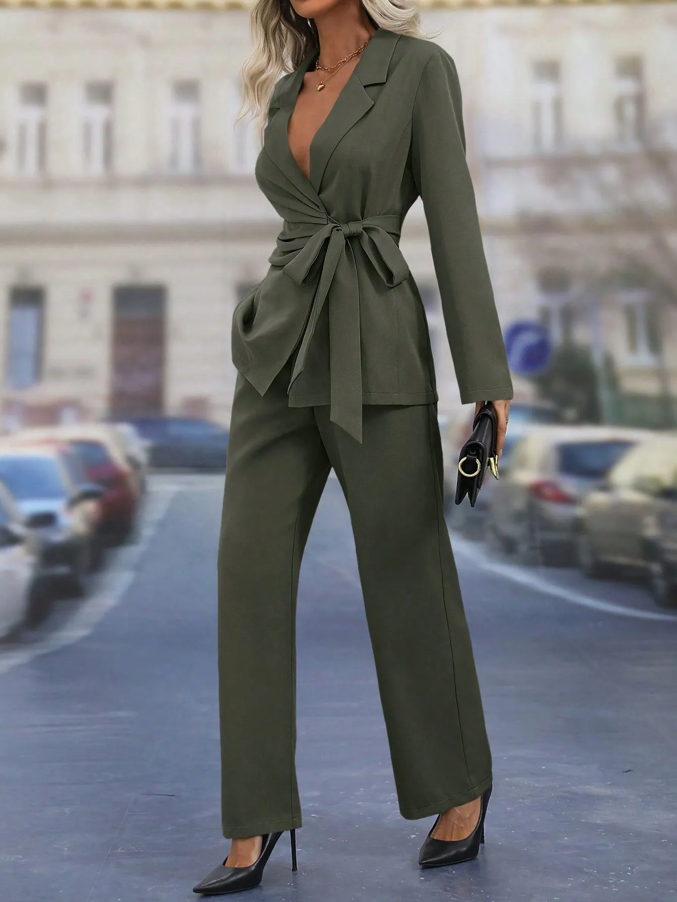 Lapel Neck Knot Side Blazer & Wide Leg Pants