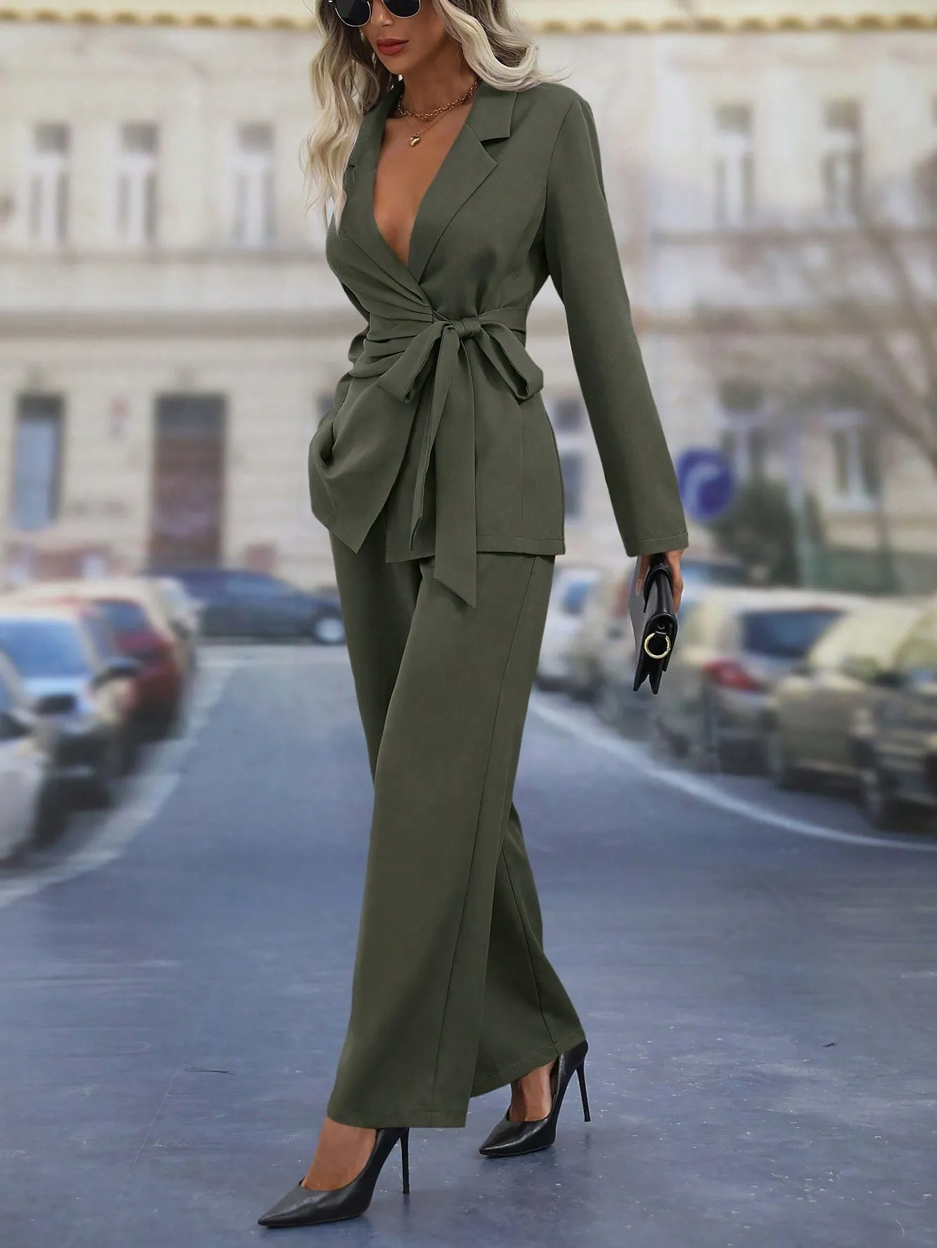 Lapel Neck Knot Side Blazer & Wide Leg Pants