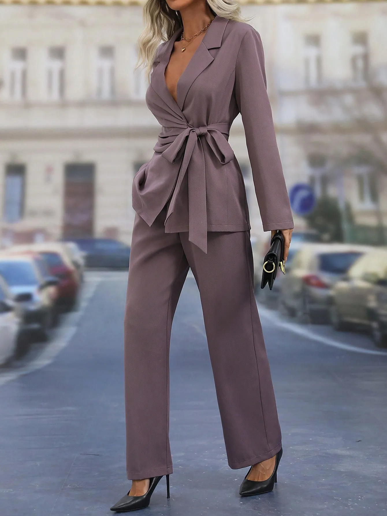 Lapel Neck Knot Side Blazer & Wide Leg Pants