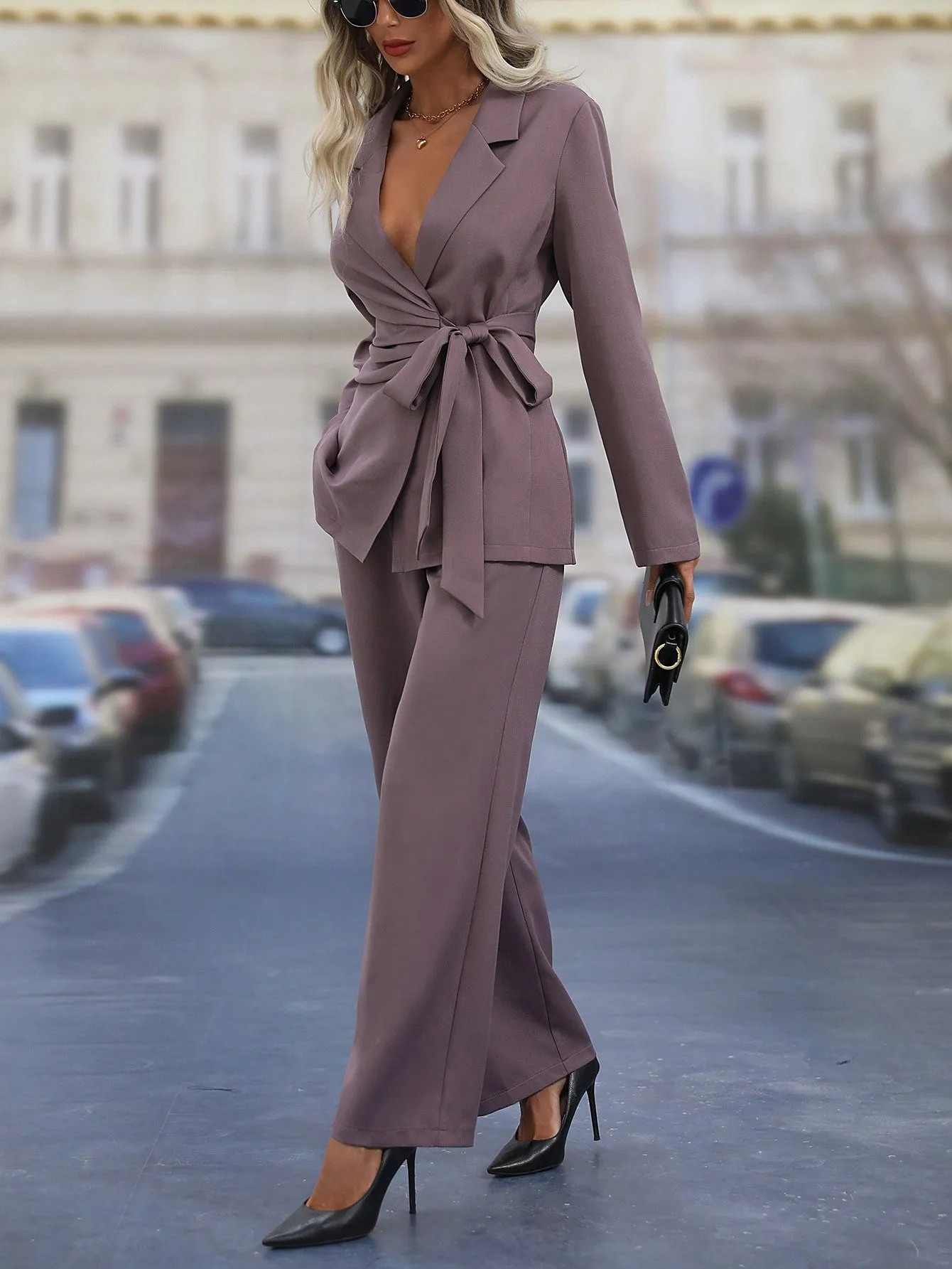 Lapel Neck Knot Side Blazer & Wide Leg Pants