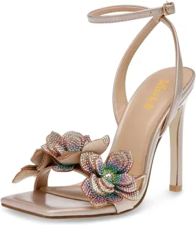 miss left Women Rhinestones Stiletto Heel Sandals with Strap Buckles Flower Embellished Open Square Toe High Heels Pumps Chic Wedding Event Dress Shoes Size 4-16 US