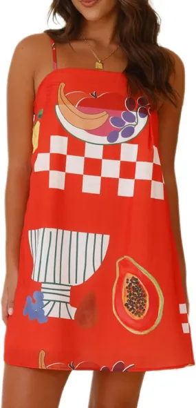NUFIWI Women Boho Graffiti Cami Mini Dress Spaghetti Strap Printed A Line Short Dress Backless Cut Out Colorful Sundress