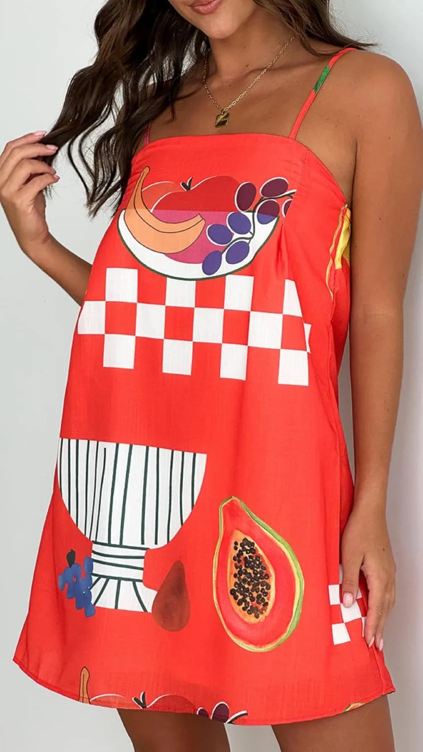 NUFIWI Women Boho Graffiti Cami Mini Dress Spaghetti Strap Printed A Line Short Dress Backless Cut Out Colorful Sundress