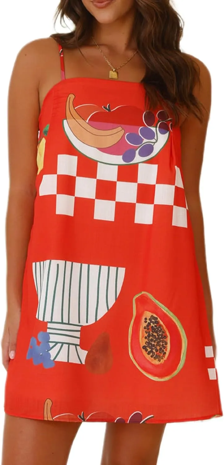 NUFIWI Women Boho Graffiti Cami Mini Dress Spaghetti Strap Printed A Line Short Dress Backless Cut Out Colorful Sundress