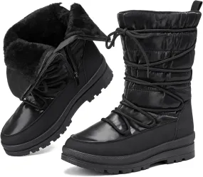 Snow Boots for Women Fur Winter Boots Waterproof Ski Boots Women's Mid Calf Boots Furry White Lace up Boots with Zipper