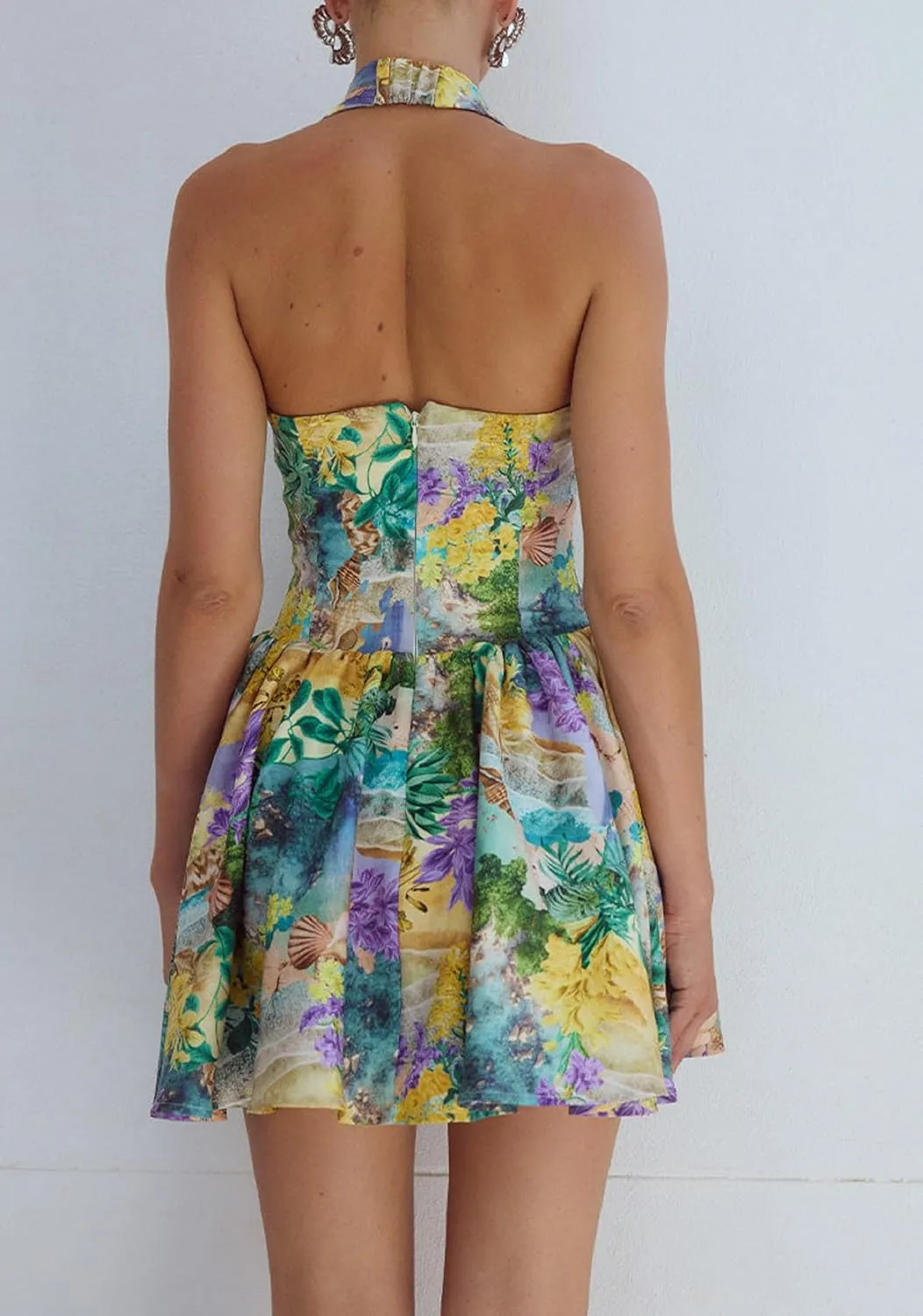 Women Boho Graffiti Cami Mini Dress Spaghetti Strap Printed A Line Short Dress Cute Colorful Sundress