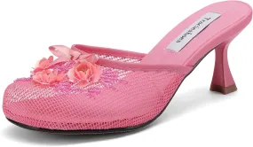 Women's Mesh Mule Slip On Sandals With Floral Sequin Embellishments Round Toe Middle Heel Slides Slippers 2.5 Inch