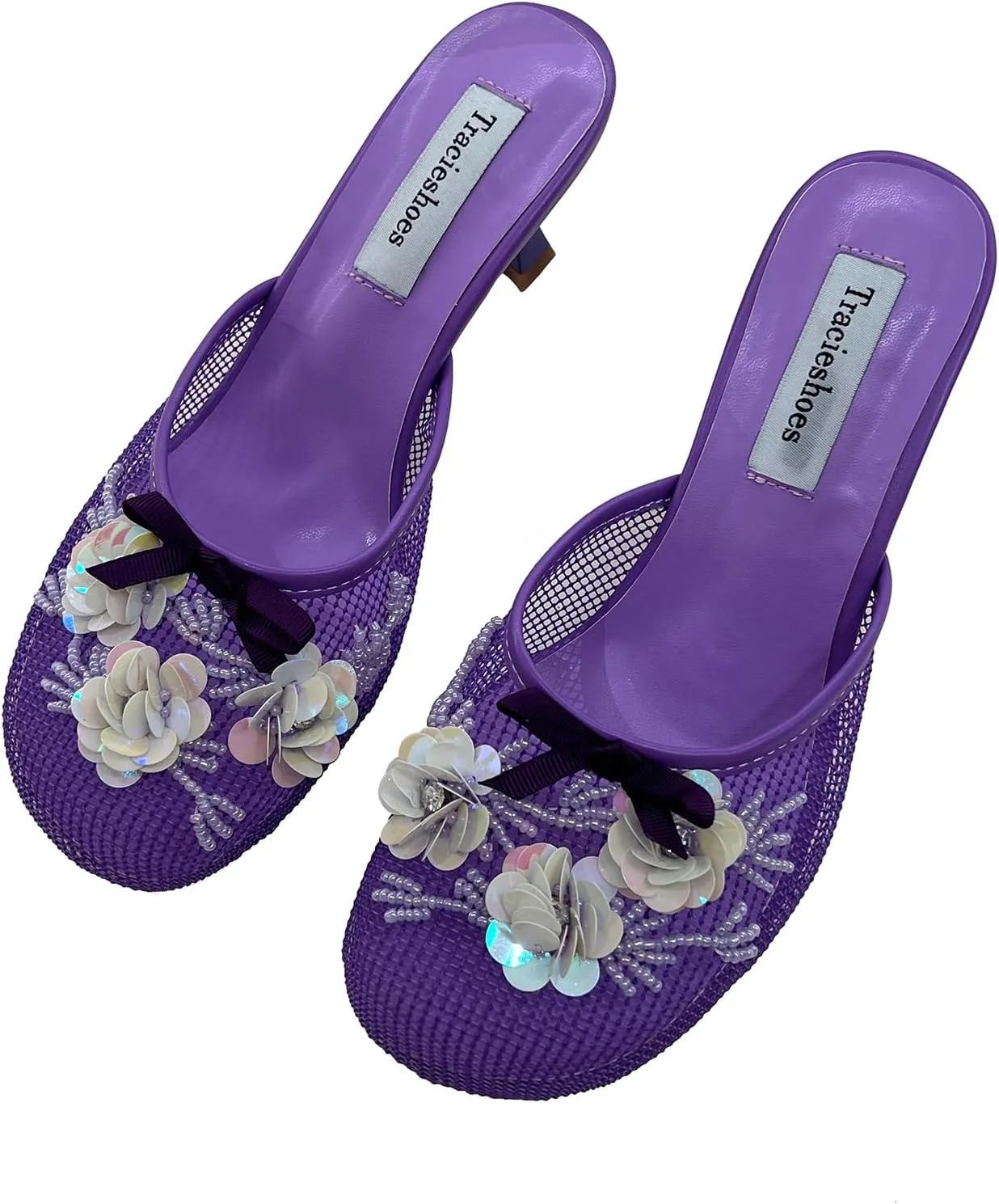 Women's Mesh Mule Slip On Sandals With Floral Sequin Embellishments Round Toe Middle Heel Slides Slippers 2.5 Inch
