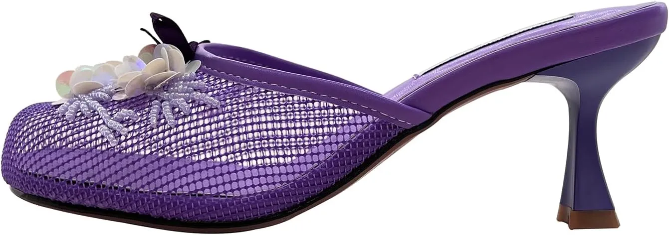 Women's Mesh Mule Slip On Sandals With Floral Sequin Embellishments Round Toe Middle Heel Slides Slippers 2.5 Inch