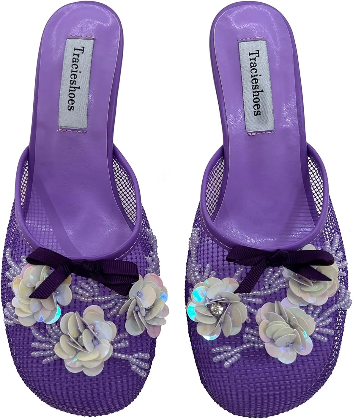 Women's Mesh Mule Slip On Sandals With Floral Sequin Embellishments Round Toe Middle Heel Slides Slippers 2.5 Inch