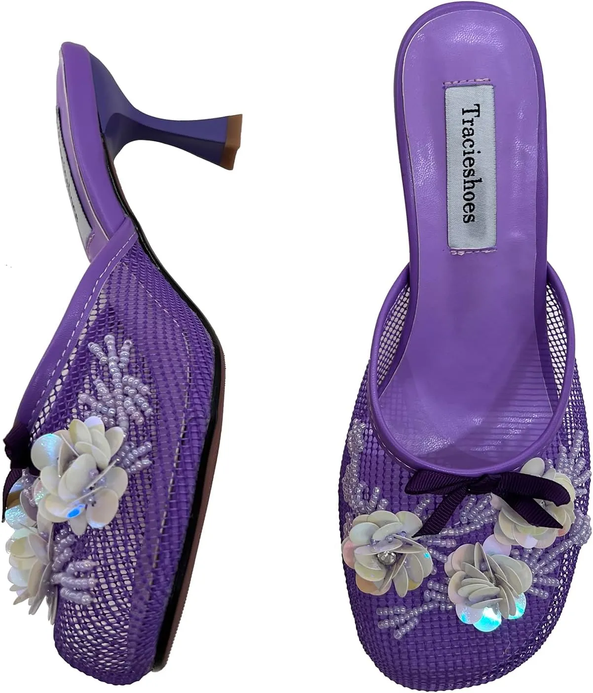 Women's Mesh Mule Slip On Sandals With Floral Sequin Embellishments Round Toe Middle Heel Slides Slippers 2.5 Inch