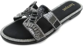 Women's Rhinestone Embellished Comfort Cushion Slide Flat Sandals with Sequin and Crystal Beaded: Stylish Design, Non-Slip Rubber Sole, Latex Insole for Comfort, Perfect for Parties, Gatherings, Casual Wear, Vacations, and Beach Days