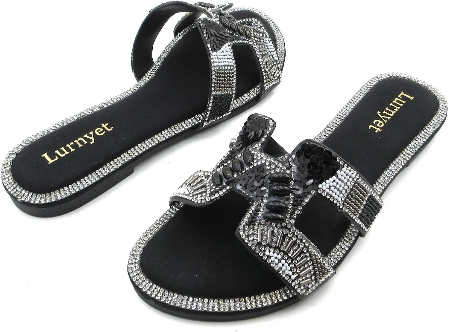 Women's Rhinestone Embellished Comfort Cushion Slide Flat Sandals with Sequin and Crystal Beaded: Stylish Design, Non-Slip Rubber Sole, Latex Insole for Comfort, Perfect for Parties, Gatherings, Casual Wear, Vacations, and Beach Days