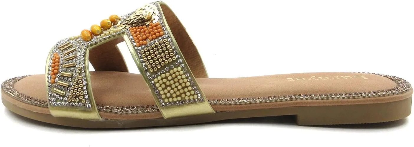 Women's Rhinestone Embellished Comfort Cushion Slide Flat Sandals with Sequin and Crystal Beaded: Stylish Design, Non-Slip Rubber Sole, Latex Insole for Comfort, Perfect for Parties, Gatherings, Casual Wear, Vacations, and Beach Days
