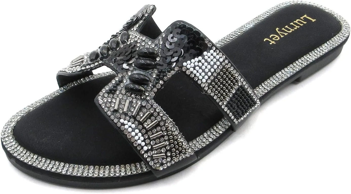 Women's Rhinestone Embellished Comfort Cushion Slide Flat Sandals with Sequin and Crystal Beaded: Stylish Design, Non-Slip Rubber Sole, Latex Insole for Comfort, Perfect for Parties, Gatherings, Casual Wear, Vacations, and Beach Days