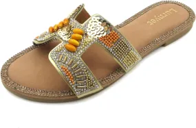 Women's Rhinestone Embellished Comfort Cushion Slide Flat Sandals with Sequin and Crystal Beaded: Stylish Design, Non-Slip Rubber Sole, Latex Insole for Comfort, Perfect for Parties, Gatherings, Casual Wear, Vacations, and Beach Days
