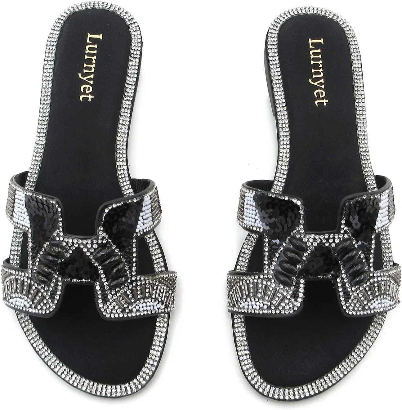 Women's Rhinestone Embellished Comfort Cushion Slide Flat Sandals with Sequin and Crystal Beaded: Stylish Design, Non-Slip Rubber Sole, Latex Insole for Comfort, Perfect for Parties, Gatherings, Casual Wear, Vacations, and Beach Days