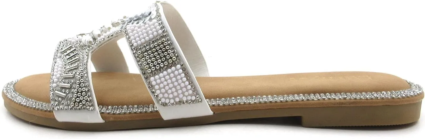 Women's Rhinestone Embellished Comfort Cushion Slide Flat Sandals with Sequin and Crystal Beaded: Stylish Design, Non-Slip Rubber Sole, Latex Insole for Comfort, Perfect for Parties, Gatherings, Casual Wear, Vacations, and Beach Days