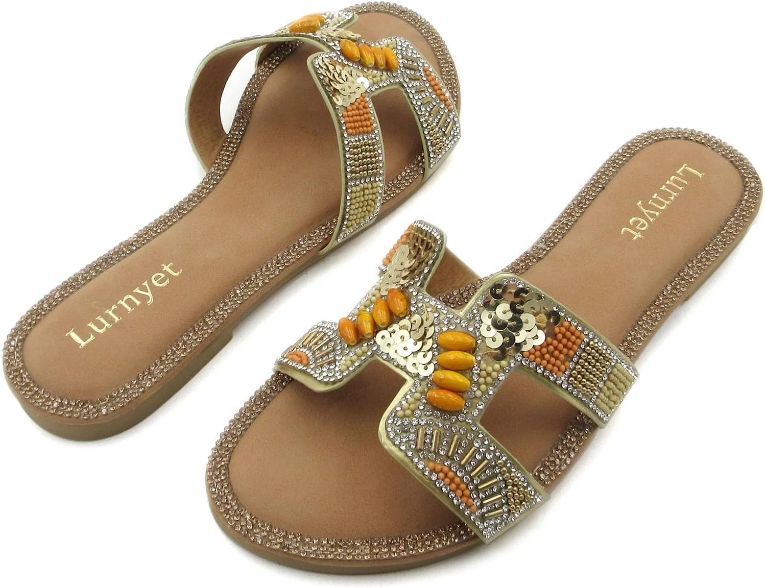 Women's Rhinestone Embellished Comfort Cushion Slide Flat Sandals with Sequin and Crystal Beaded: Stylish Design, Non-Slip Rubber Sole, Latex Insole for Comfort, Perfect for Parties, Gatherings, Casual Wear, Vacations, and Beach Days