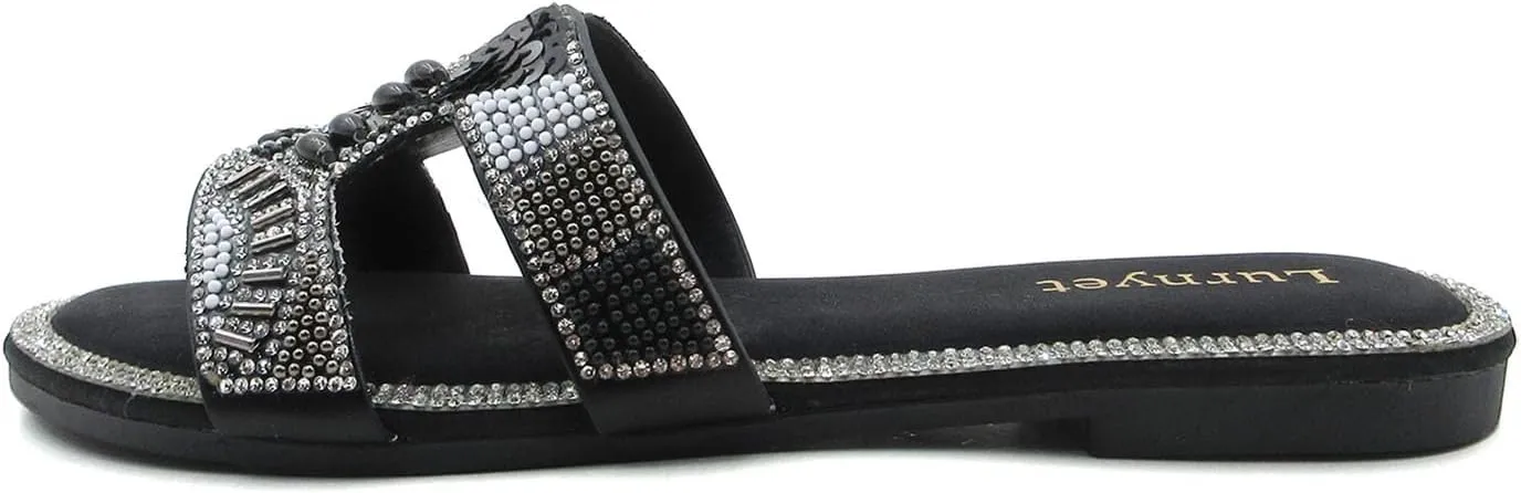 Women's Rhinestone Embellished Comfort Cushion Slide Flat Sandals with Sequin and Crystal Beaded: Stylish Design, Non-Slip Rubber Sole, Latex Insole for Comfort, Perfect for Parties, Gatherings, Casual Wear, Vacations, and Beach Days