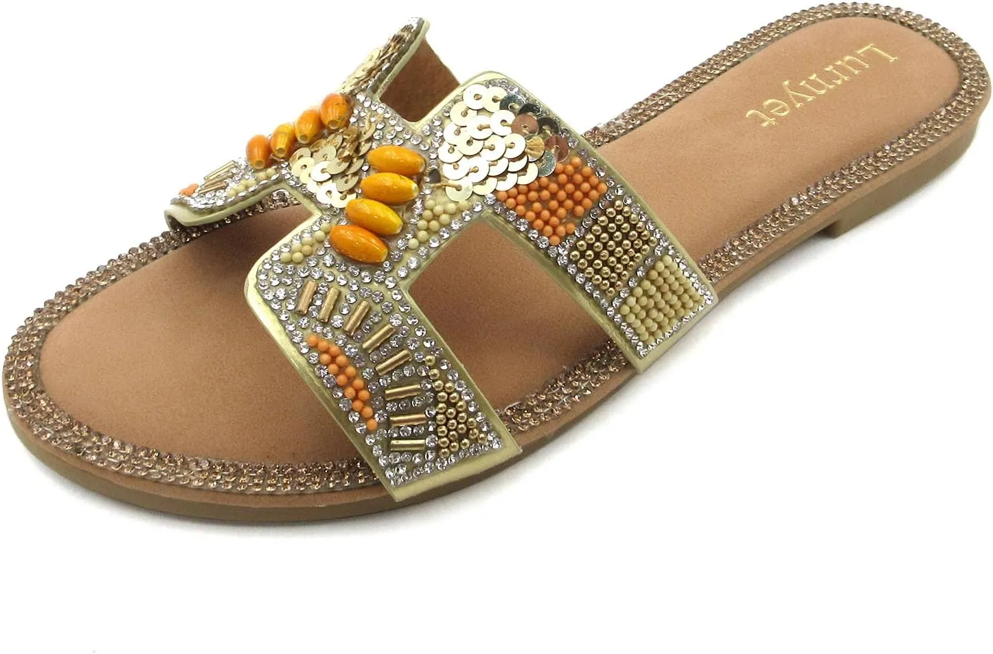 Women's Rhinestone Embellished Comfort Cushion Slide Flat Sandals with Sequin and Crystal Beaded: Stylish Design, Non-Slip Rubber Sole, Latex Insole for Comfort, Perfect for Parties, Gatherings, Casual Wear, Vacations, and Beach Days